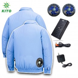 Combo 2 Áo Điều Hòa KITO Kaki Không Mũ Màu Xanh Dương, Pin 26.000mAh, Quạt 13V, Tặng 2 Túi Đá